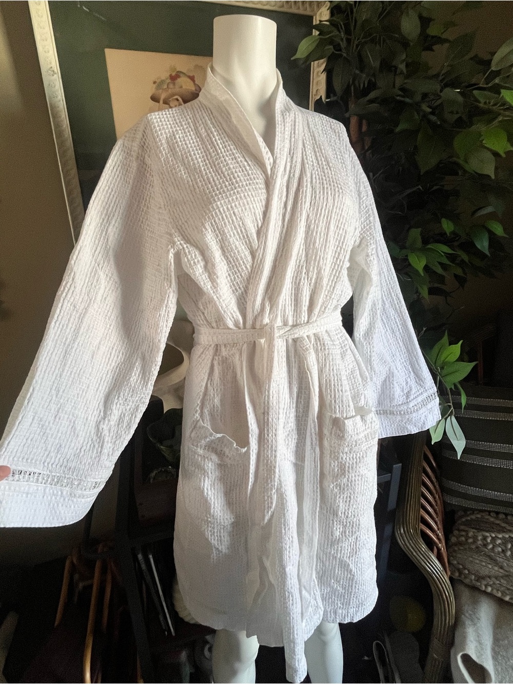 Oscar De La Renta Cotton Textured Waffle Kimono Robe